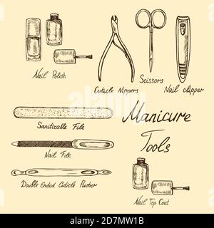 Strumenti di base per unghie, contorno classica collezione di attrezzi per manicure, schizzo di doodle disegnato a mano con iscrizione, illustrazione a colori isolata Foto Stock