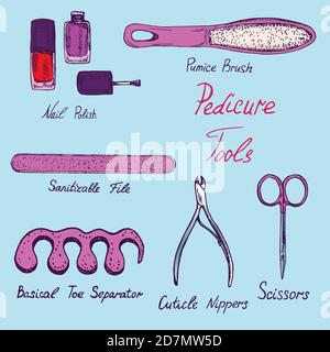 Strumenti di base per unghie, collezione di strumenti per pedicure classiche rosa, schizzo di doodle disegnato a mano con iscrizione, illustrazione a colori isolata Foto Stock
