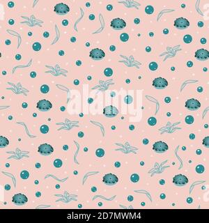 Disegno senza cuciture con bolle d'acqua e alghe con sfondo rosa. Illustrazione vettoriale di piccoli elementi marini. Illustrazione Vettoriale