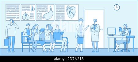 Sala d'attesa del medico. Sala d'attesa del medico. Persone paziente ospedale coda medici ambulatorio interno. Concetto vettoriale per professionisti medici. Illustrazione dell'interno medico, della coda dell'ospedale, della clinica di medicina Illustrazione Vettoriale