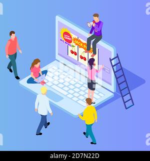 Illustrazione vettoriale isometrica del gioco d'azzardo online isometrico, del casinò, della slot machine. Casinò online per la gente di fortuna, vincere jackpot in gioco Illustrazione Vettoriale