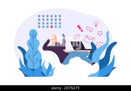 Concetto di vettore di procrastinazione. L'uomo rinvia il lavoro per più tardi. Dipendente addetto alla procrastinazione dell'ufficio, illustrazione del passatempo dell'ambiente di lavoro Illustrazione Vettoriale