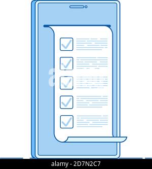 Test online. Modulo quiz sul computer sullo smartphone. Online to do list testing digital exam questionnaire result voting concetto di linea vettoriale. Test e questionario online, quiz e illustrazione dei voti Illustrazione Vettoriale