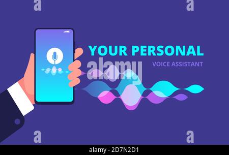 Assistente vocale. Riconoscimento audio e musica e concetto di app vettoriale per smartphone di analisi. Riconoscimento vocale, illustrazione dell'assistente telefonico tecnologico Illustrazione Vettoriale