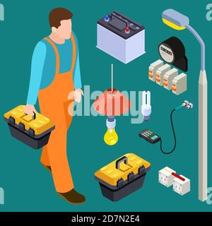 Gruppo vettoriale isometrico per elettricista e strumenti master. Illustrazione di un ingegnere elettrico, di un maestro di elettricista e delle attrezzature Illustrazione Vettoriale