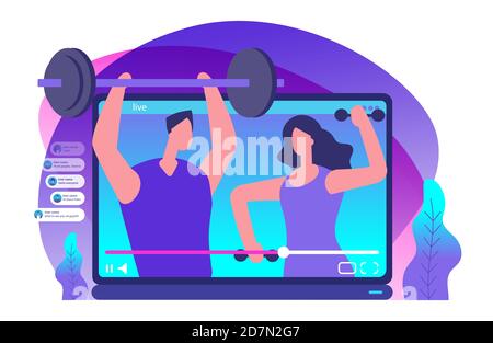 Video live streaming sportivo. Illustrazione vettoriale dei blogger sportivi. Sport blogger media, video blog sul fitness Illustrazione Vettoriale