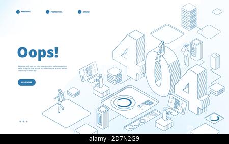 404 pagina isometrica. Errore non funzionante, dati persi o non trovato 404 problema, segnale di disconnessione. Disegno 3d della linea vettoriale della pagina di destinazione. Problema di errore 404, pagina web internet, avviso di rete Illustrazione Vettoriale