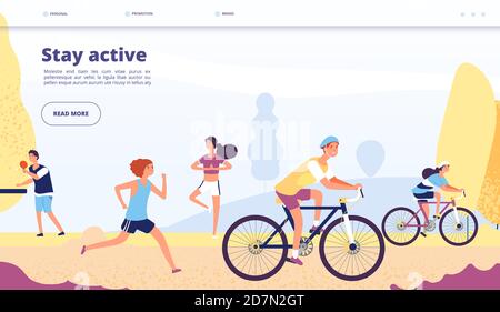 Atterraggio attivo. Persone in bicicletta, esercizi di fitness. Persone in bicicletta, corsa nel parco autunnale, atletica app pagina vettoriale. Illustrazione di parco autunnale attivo, ciclismo ed equitazione Illustrazione Vettoriale