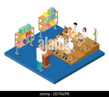 Lezione di chimica isometrica. Vettore medico, scienziati, studenti di farmacisti. Lavoro di laboratorio scientifico. Illustrazione del laboratorio di ricerca di formazione, esperimento chimico scientifico Illustrazione Vettoriale