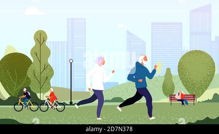 Parco per anziani. Seniors nonno felice nonno nonna coppia anziani persone che camminano in bicicletta estate outdoor vettore concetto. La donna anziana e la coppia dell'uomo corrono nell'illustrazione di parco Illustrazione Vettoriale