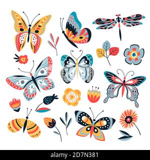 Farfalla di disegno a colori. Farfalle falena e fiori. Collezione vettoriale insetti vintage. Illustrazione di insetto e farfalla estate Illustrazione Vettoriale