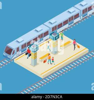 Posizione vettoriale della stazione ferroviaria della città in 3d isometrica. Illustrazione dell'infrastruttura ferroviaria, dei trasporti pubblici di passeggeri Illustrazione Vettoriale