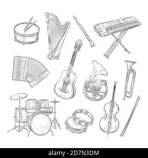 Disegnare strumenti musicali. Drum arpa flauto sintetizzatore fisarmonica chitarra tromba violoncello. Musiche vintage contorno disegnato a mano insieme vettoriale. Drum e tromba, contorno violoncello e chitarra illustrazione Illustrazione Vettoriale