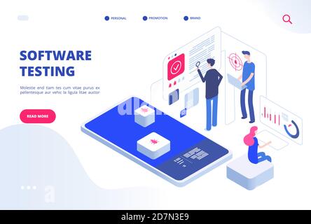 Test del software. Online computer test Inspection applicazione bug fixing prototipo sistema sviluppo sito web servizio vettore concetto. Processo di codifica dei test digitali, illustrazione dello sviluppo del software Illustrazione Vettoriale