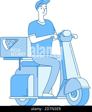 Consegna pizza. Ragazzo in moto, scooter consegna la pizza via. Concetto vettoriale della linea di servizio senza cibo. Moto con scatola pizza, consegna moto corriere illustrazione Illustrazione Vettoriale