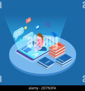 La donna insegna le lingue con l'illustrazione vettoriale isometrica dei corsi onlline. Formazione online, insegnamento web Illustrazione Vettoriale