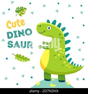 Poster dei dinosauri. Cute baby dino divertenti mostri jurassic animali dragon dinosaurs moda bambini t-shirt design vettore sfondo. Illustrazione del mostro del rettile e del drago, dinosauro jurassic Illustrazione Vettoriale