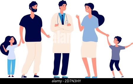 Medico di famiglia. Grande famiglia sana con terapeuta. Genitori bambini pazienti e medico. Concetto di vettore per servizi sanitari e dentistici. Illustrazione del medico e del terapeuta dare consiglio alla famiglia Illustrazione Vettoriale