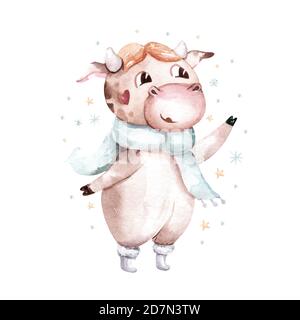 Illustrazione del toro del cartoon acquerello. Simbolo dell'anno 2021. Divertente e carino Bull. Illustrazione di Natale. Illustrazione Vettoriale