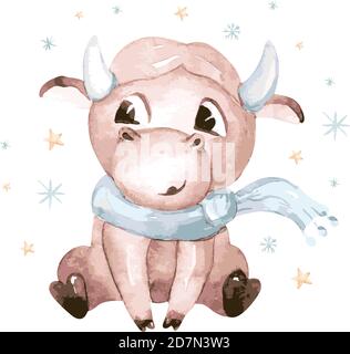 Illustrazione del toro del cartoon acquerello. Simbolo dell'anno 2021. Divertente e carino Bull. Illustrazione di Natale. Illustrazione Vettoriale