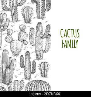 Il modello di intestazione dei cactus disegnati dal vettore con testo. Illustrazione di cactus spiky, bandiera di contorno con cactus Illustrazione Vettoriale