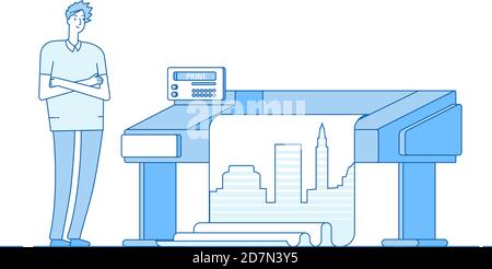 L'uomo lavora con il plotter. Stampa di striscioni di grandi dimensioni di grande formato. Print Office Publishing house Vector Concept. Plotter da lavoro nel centro di stampa, illustrazione della stampa delle apparecchiature Illustrazione Vettoriale