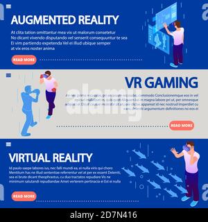 Realtà aumentata isometrica da vetro elettronico realtà virtuale indossare banner orizzontali illustrazioni vettoriali. Visore elettronico per dispositivi, isometrico per giochi VR Illustrazione Vettoriale