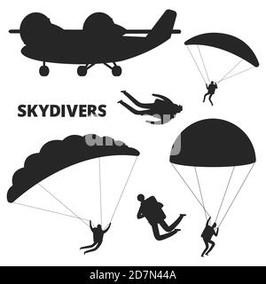 Sagome vettoriali di aerei e paracadutisti isolate su sfondo bianco. Paracadutismo e aereo, paracadutista volo nero silhouette illustrazione Illustrazione Vettoriale