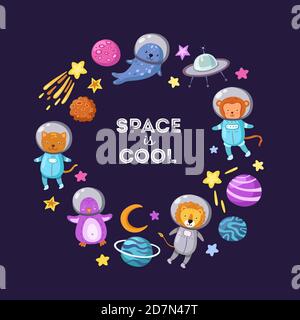 Spazio animali sfondo. Carino animale astronauti volare capretto animali cosmonauts cartoon divertente astronauta scienza vettore poster. Astronauta e astronave, pinguino e scimmia, leone e foca illustrazione Illustrazione Vettoriale