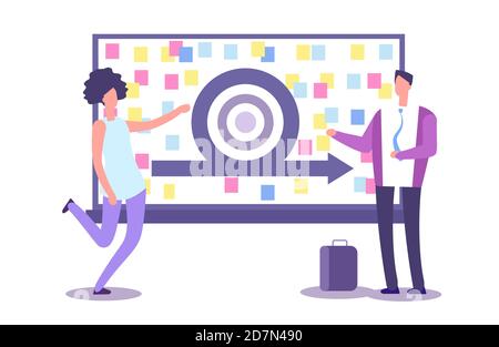 Presentazione del metodo Agile. Uomini d'affari vettoriali e scrub board. Sviluppo di modelli agili di concetto e agilità, illustrazione del raggiungimento dei piani delle persone Illustrazione Vettoriale