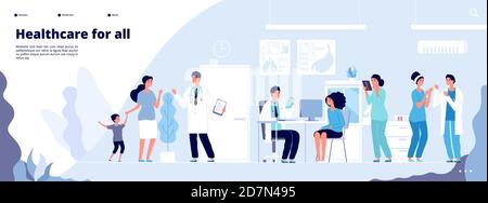 Pagina di destinazione medica. Consulenza clinica online con diversi medici. Concetto di vettore sanitario. Medico, pagina web di consultazione clinica, illustrazione dell'ospedale di medicina Illustrazione Vettoriale
