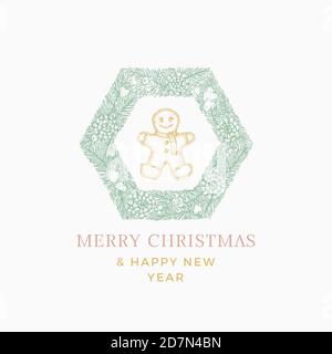 Capodanno e Natale abbozzo di pino esagono, segno, logo, striscione o modello di carta con l'uomo di biscotto di pan di zenzero disegnato a mano. Vettore messaggi di saluto Illustrazione Vettoriale