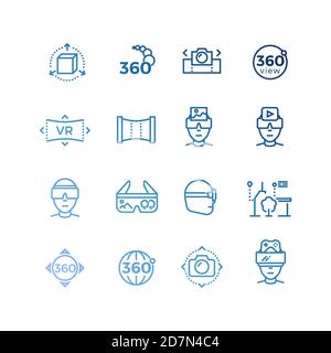 Icone delle linee della realtà virtuale e raccolta dei dispositivi. Gadget mobile per video, occhiali illustrazione vr Illustrazione Vettoriale