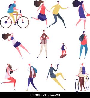 Cartoon persone a piedi strada. Uomo donna con smartphone, equitazione bici skateboard in estate attività all'aperto. Caratteri vettoriali illustrazione di cartone animato femminile e maschile Illustrazione Vettoriale