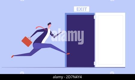 Uomo d'affari corre per aprire la porta di uscita. Fuga di emergenza e evacuazione da ufficio vettore concetto di business. Illustrazione di un uomo d'affari corre verso l'uscita porta, direzione di fuga Illustrazione Vettoriale
