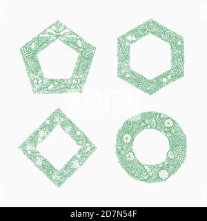 Felice anno nuovo Natale Sketch Pine Wreath, Insegne, Loghi, Banner o Cornici Template Collection. Set di illustrazioni vettoriali per messaggi di saluto disegnati a mano Illustrazione Vettoriale