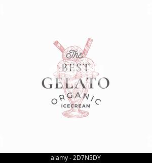 Cartello di estratto, simbolo o modello di logo del gelato biologico. Disegno a mano del gelato illustrazione dello schizzo con la tipografia. Emblema vettoriale dei dolci in stile italiano Illustrazione Vettoriale