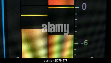 I pannelli di controllo audio con indicatori digitali gialli e rossi indicano un valore superiore livello del suono dei canali durante la riproduzione della vista macro Foto Stock