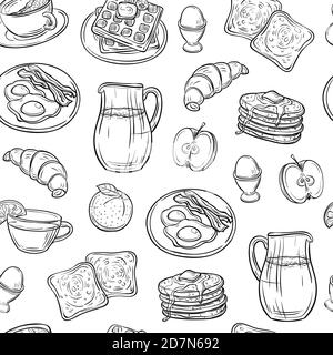 Colazione doodle pattern. Frittelle marmellata formaggio yogurt salsiccia tè pane e uova schizzo senza cuciture struttura vettoriale. Illustrazione del cibo e delle bevande per la colazione Illustrazione Vettoriale