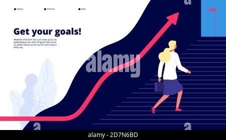Crescita personale. Donna che cammina passi per il successo, aumentare il vostro lavoro per raggiungere l'obiettivo. Concetto professionale di vettore di affari di carriera. Illustrazione dell'arrampicata all'occasione, successo personale nella carriera Illustrazione Vettoriale