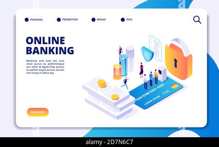 Pagina di destinazione isometrica del banking online. Trasferimento di denaro tramite Internet vettoriale, pagamento sicuro, app mobile banking. Illustrazione della landing page isometrica di online banking Illustrazione Vettoriale