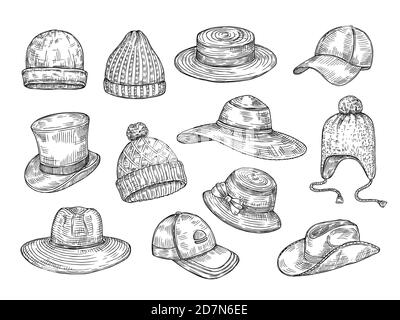 Cappelli di schizzo. Cappelli a maglia invernali ed estivi, cappellino caldo disegnato a mano, copricapo copricapo, accessori per capicapo vettoriale isolato. Illustrazione headdress e cappuccio, cappello inverno Illustrazione Vettoriale