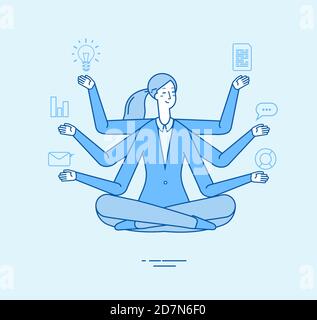 Donna aziendale multitasking. Direttore d'ufficio in posizione rilassante zen yoga. Concetto di vettore di meditazione del lavoro d'ufficio. Donna multitasking aziendale, persona occupata illustrazione Illustrazione Vettoriale
