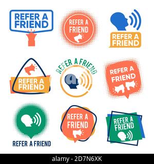 Segnala un gruppo di vettori banner amici. Etichette del programma di riferimento isolate su sfondo bianco. Illustrazione di un amico di riferimento nel social network, informazioni sui suggerimenti Illustrazione Vettoriale