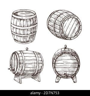 Barili di schizzo. Botti di rovere di whisky. Botte di vino in legno in stile d'incisione d'epoca. Bar, pub e birreria segno vettore isolato. Illustrazione di legno di botte, bevanda di cantina e fusto di whiskey Illustrazione Vettoriale