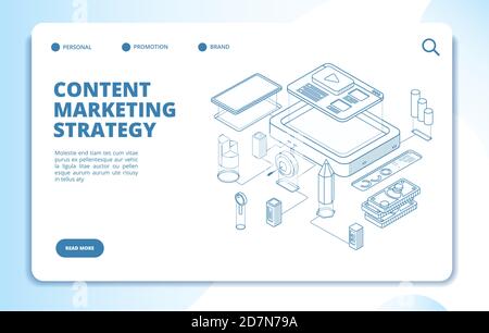 Marketing dei contenuti. Sito Web, social network publishing, strategia dei contenuti dei blog video. Landing page del vettore isometrico 3d digitale. Strategia di marketing dei contenuti, landing page Web, illustrazione dei servizi sociali Illustrazione Vettoriale