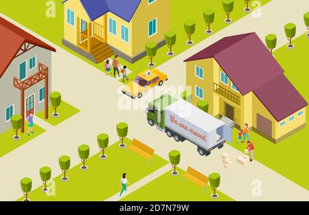 Illustrazione del vettore isometrico in movimento. Quartiere in una piccola città, casa, parco, persone, percorso di consegna. Trasporto auto per il trasferimento, consegna pacchetto isometrico Illustrazione Vettoriale