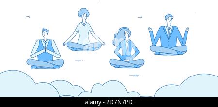 Uomini d'affari di meditazione. Le persone si rilassano in zen yoga lotus posizionamento in ufficio. I dipendenti evitano il concetto di vettore di sollecitazione. Illustrazione della concentrazione dei dipendenti, posizione yoga Illustrazione Vettoriale