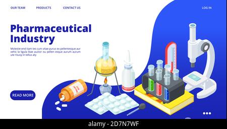 Landing page dell'industria farmaceutica. Banner web vettore di sviluppo farmaci isometrici. Attrezzature chimiche, pillole, vitamine. Ricerca in attrezzature di laboratorio, medicina e illustrazione farmacia Illustrazione Vettoriale