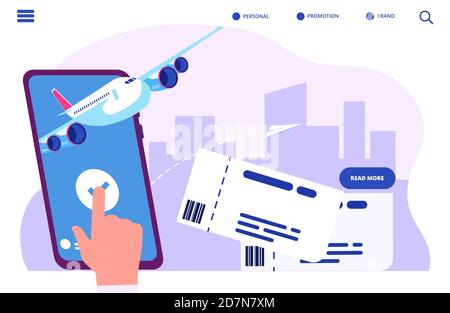 Prenotazione online biglietti concetto vettore. Acquista o effettua il check-in. Illustrazione del biglietto online, del turismo e dei viaggi, delle vacanze e dei viaggi in aereo Illustrazione Vettoriale